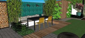 Industriële tuin met zitkuil, siertegels, zwarte pergola en felle kleuren