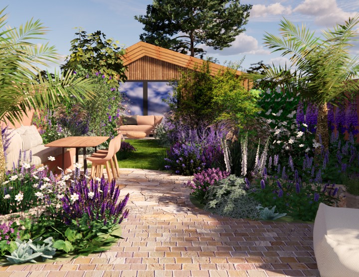 Tuinontwerp diepe achtertuin in Mediterrane stijl. met diverse zitjes in de zon en schaduw. Bestrating: Flagstones en kasseien. Plus maatwerk design tuinhuis