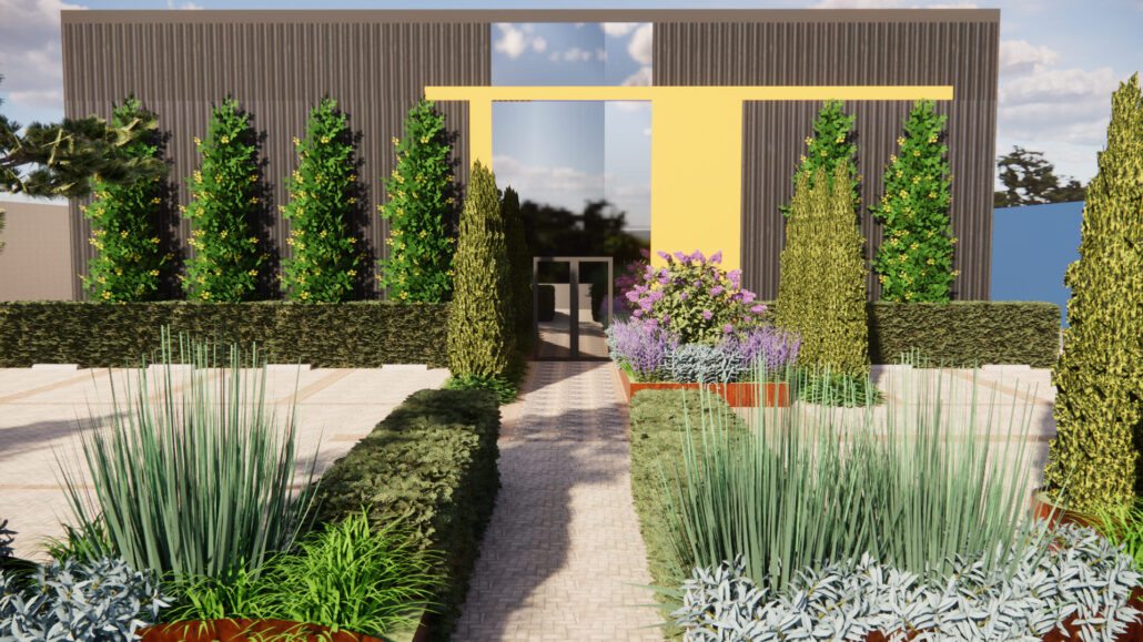 Ecologische bedrijfstuin bij industrieel pand met inheemse beplanting aan de kust.