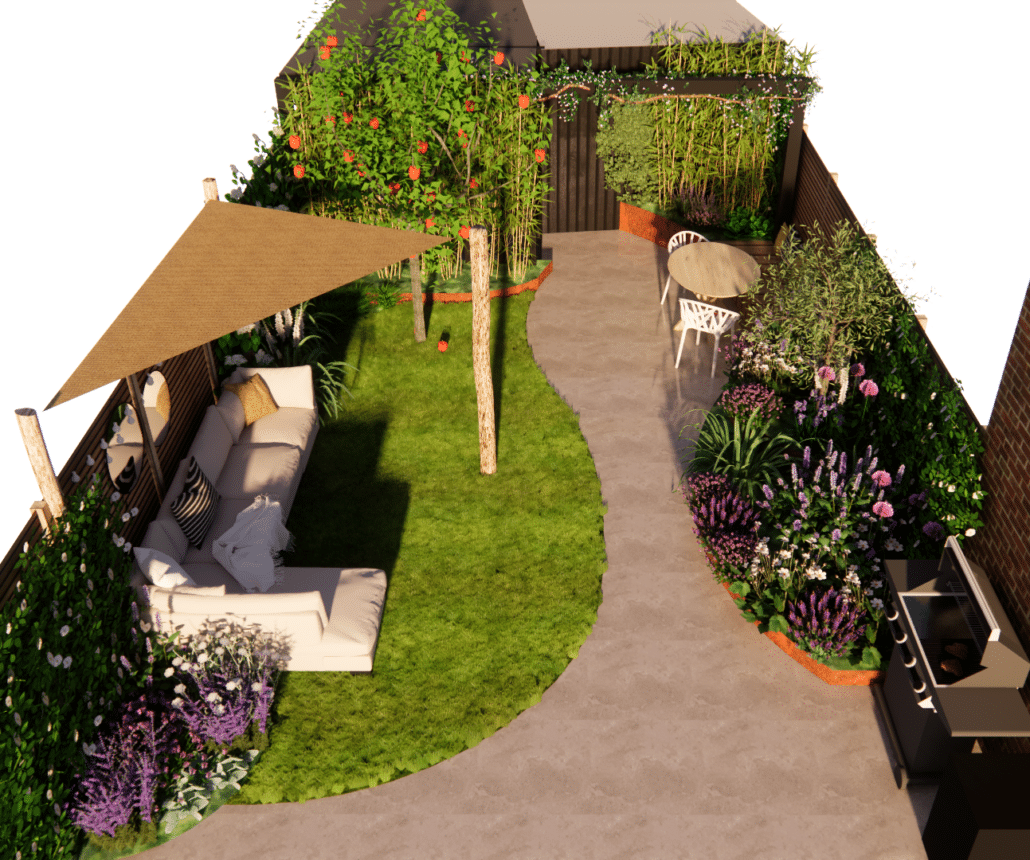 3D-render van een tuin gezien van bovenaf, met een slingerend gazon, een loungehoek met schaduwdoek, een eettafel en verhoogde borders met beplanting.