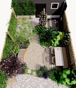Isometrisch 3D-ontwerp van een biodiverse stadstuin in Rosmalen met trampoline, weelderige borders en diverse functionele zones.