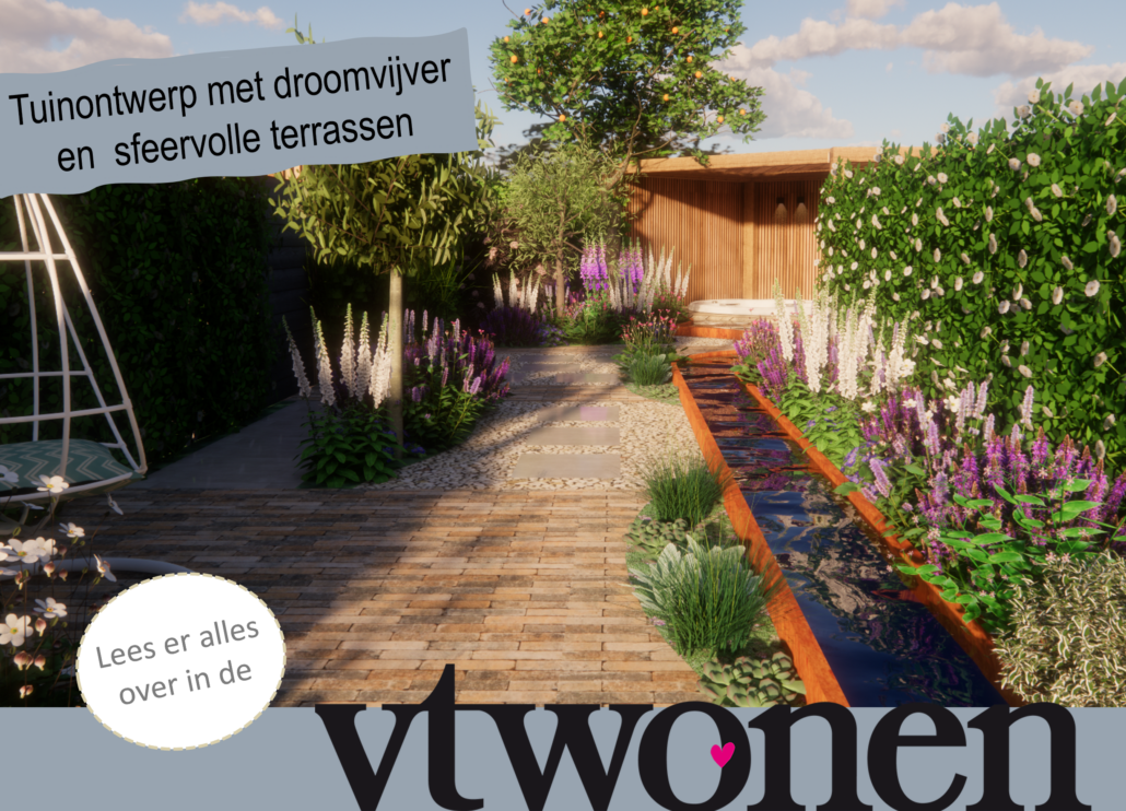 een vijver met een lengte van vijftien meter, waardoor je vanuit het huis de tuin in wordt getrokken.
