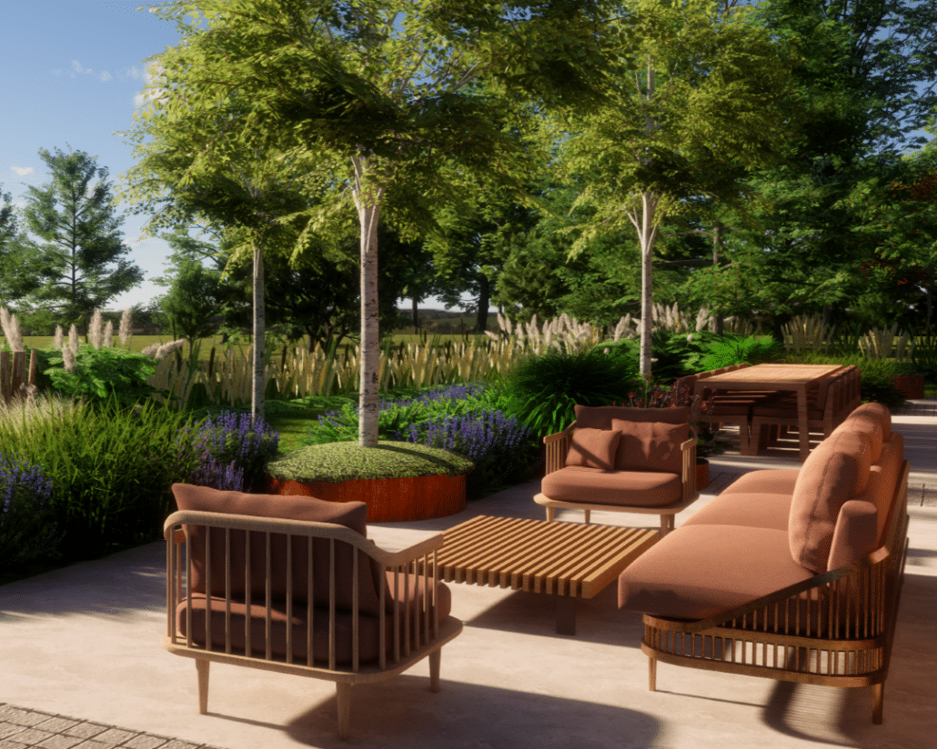 Comfortabel terras met een design loungehoek in warme terra-tinten en een houten lattenstructuur, gesitueerd tussen meerstammige bomen en gelaagde ecologische borders.