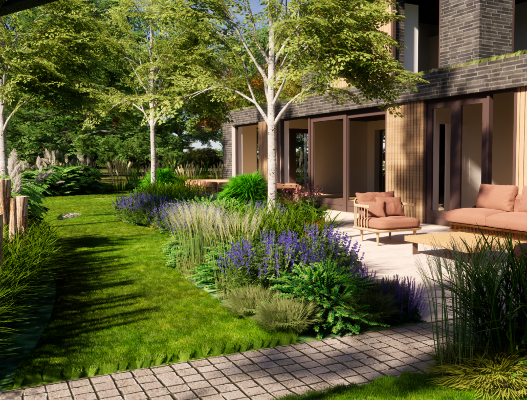 Elegant terras met bloemrijke beplanting en bomen in bosrijke villatuin in Noordwijkerhout