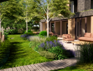Elegant terras met bloemrijke beplanting en bomen in bosrijke villatuin in Noordwijkerhout