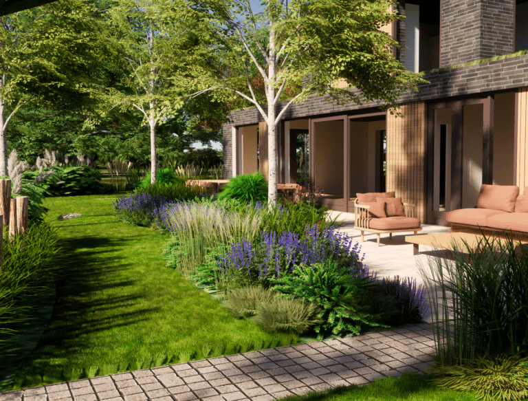 Elegant terras met bloemrijke beplanting en bomen in bosrijke villatuin in Noordwijkerhout