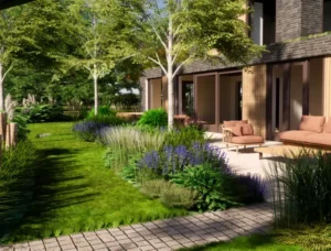 Elegant terras met bloemrijke beplanting en bomen in bosrijke villatuin in Noordwijkerhout