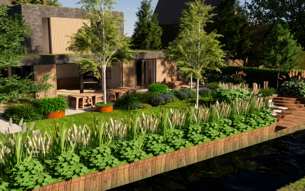 Overzicht van een grote villatuin aan het water met een bloemrijk gazon en diverse bomen in ronde cortenstalen bakken en een dichte zone van siergrassen langs de waterkant.
