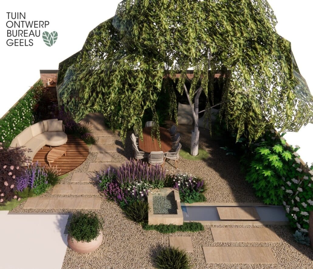 3D tuinontwerp van Tuinontwerpbureau Geels voor een organische achtertuin in Haarlem met een grote treurboom en grind.
