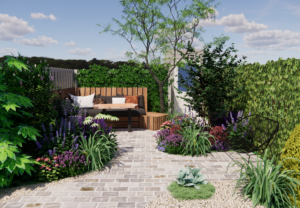 Weelderig Tuinontwerp met authentieke kasseien bestrating, een maatwerk houten hoekbank met kussens en weelderige bloemborders.