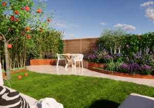 Terras met eettafel op de voorgrond en zicht op een rond gazon met loungebank, omgeven door een houten schutting en groene beplanting.