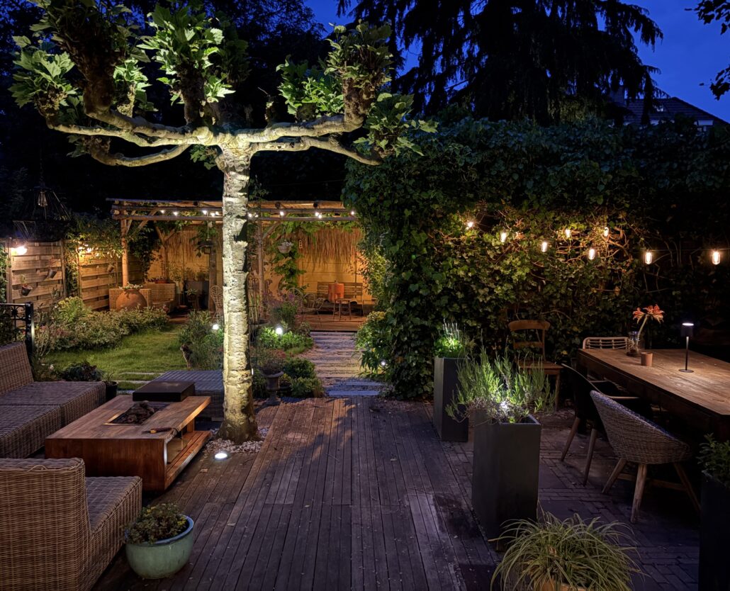 Verlichte achtertuin in de avond met lichtslingers, grondspots bij een grote leiboom, een houten vlonderterras met loungetuinmeubels en de overkapping op de achtergrond.