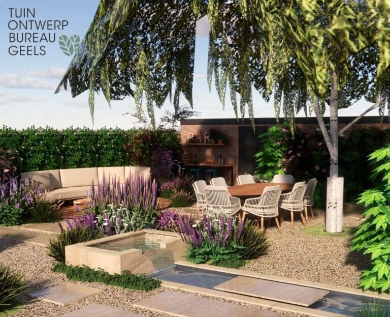 3D tuinontwerp voor een achtertuin in Haarlem met organische grindpaden, bestaande treurboom, biodivers beplantingsplan en natuurlijke zichtlijn vanuit de woning.