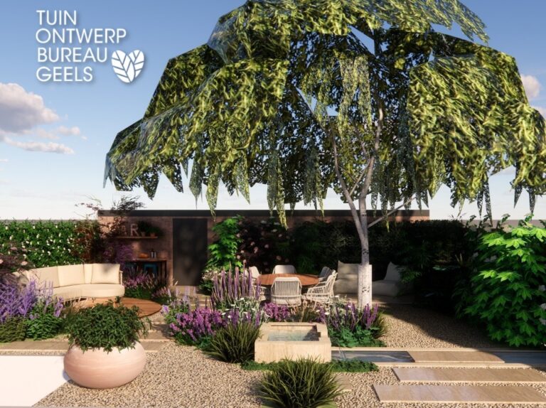 3D visualisatie van een organische achtertuin in Haarlem met vijver, eetterras voor zes personen, loungehoek, grindverharding en weelderige beplanting.