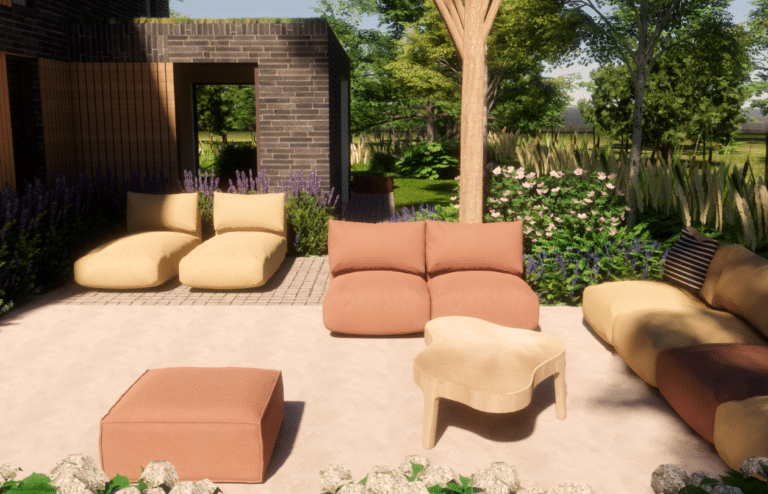 Modern loungeterras met beige keramische tegels, kasseien en zachtgekleurde outdoor loungekussens, omgeven door inheemse beplanting en weelderige siergrassen.