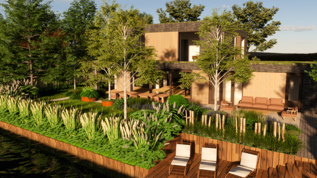 Bosrijke villatuin aan het water in Noordwijkerhout met elegante terrassen, bomen en natuurlijke beplanting