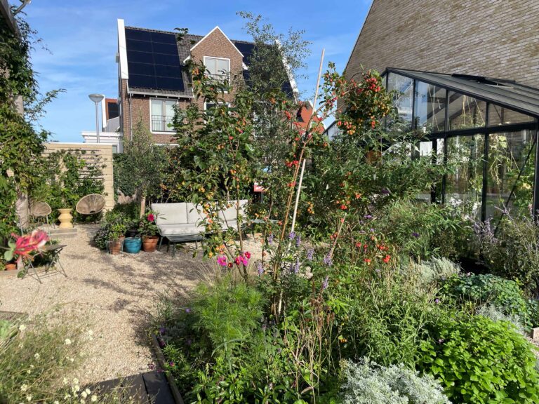 Weelderige beplanting rond de kas en het grindterras