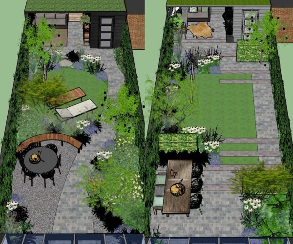 Lange smalle tuin met overkapping